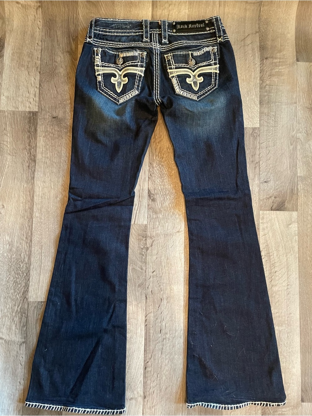 Rock Revival Dark size 27 ladies Blue Flare Jeans with Contrast Stitching